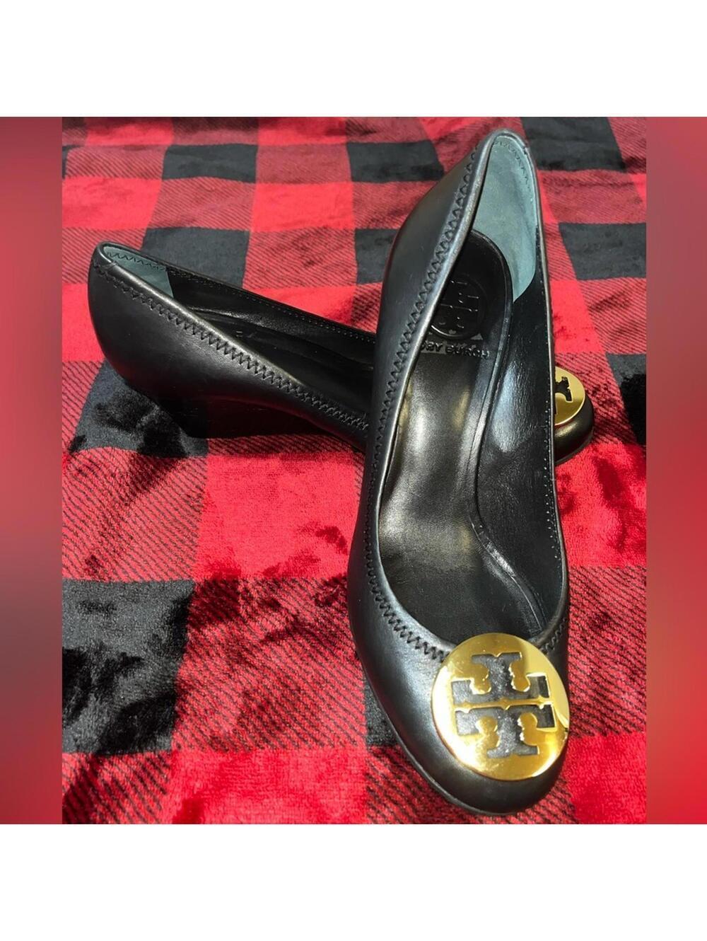 Tory Burch Leather Pumps 7M Black Gold Hardware